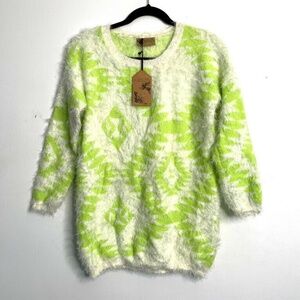 Katsumi S Lime White Aztec Eyelash Fuzzy Sweater